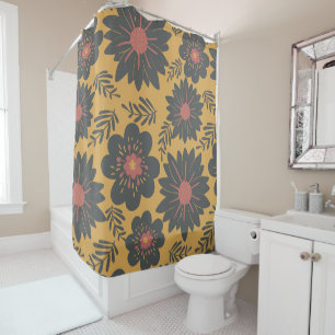 Retro Vintage Mustard Black Red Floral Shower Curtain