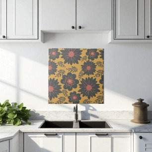 Retro Vintage Mustard Black Red Floral  Tile