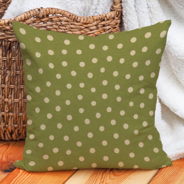 Retro Vintage Olive Green Beige Polka Dot Cushion (Retro, vintage olive green and beige polka dot decorator pillow)