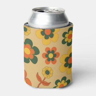 Retro Vintage Orange 70s Flower Pattern Can Cooler