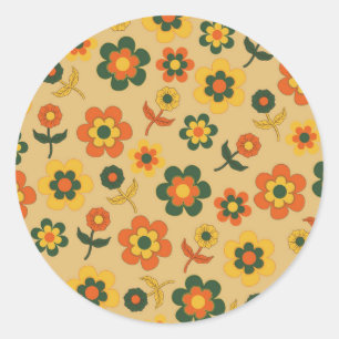 Retro Vintage Orange 70s Flower Pattern Classic Round Sticker