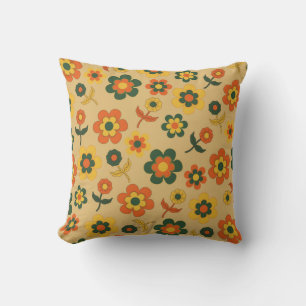 Retro Vintage Orange 70s Flower Pattern Cushion
