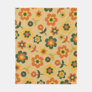 Retro Vintage Orange 70s Flower Pattern Fleece Blanket