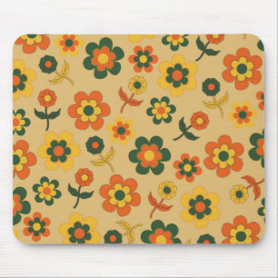 Retro Vintage Orange 70s Flower Pattern Mouse Mat
