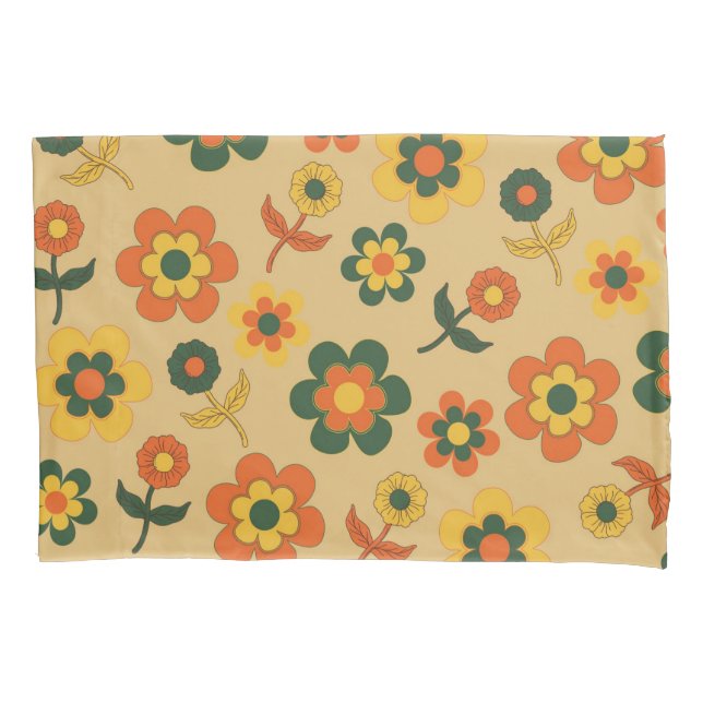Retro Vintage Orange 70s Flower Pattern Pillowcase (Front)