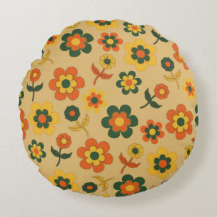 Retro Vintage Orange 70s Flower Pattern Round Cushion