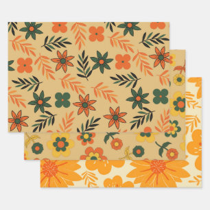 Retro Vintage Orange 70s Flower Pattern Wrapping Paper Sheet