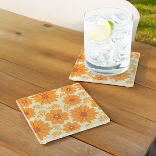 Retro Vintage Orange Botanical Flower Pattern Fall Glass Coaster