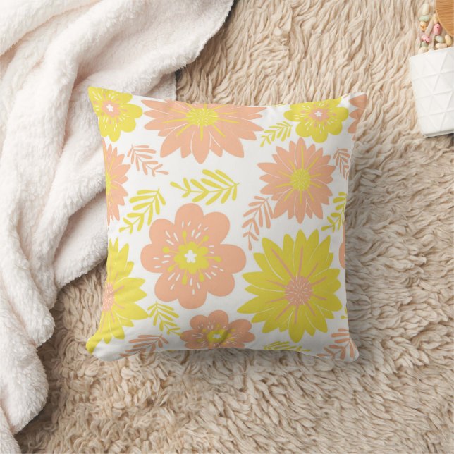 Retro Vintage Peach Fuzz Mustard Flower Pattern Cushion (Blanket)