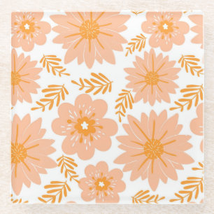 Retro Vintage Peach Fuzz Orange Flower Pattern Glass Coaster