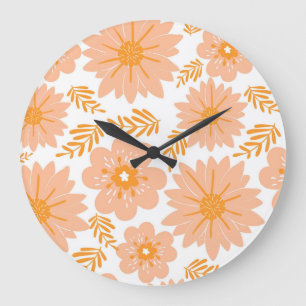 Retro Vintage Peach Fuzz Orange Flower Pattern Large Clock