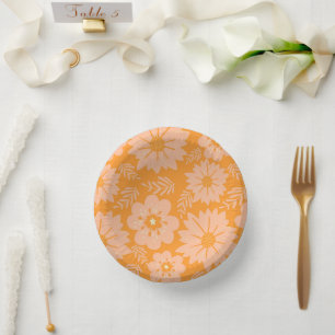 Retro Vintage Peach Fuzz Orange Flower Pattern Paper Plate