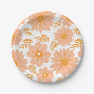 Retro Vintage Peach Fuzz Orange Flower Pattern Paper Plate