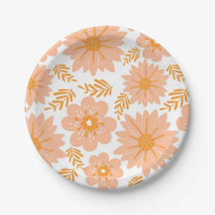 Retro Vintage Peach Fuzz Orange Flower Pattern Paper Plate