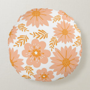 Retro Vintage Peach Fuzz Orange Flower Pattern Round Cushion