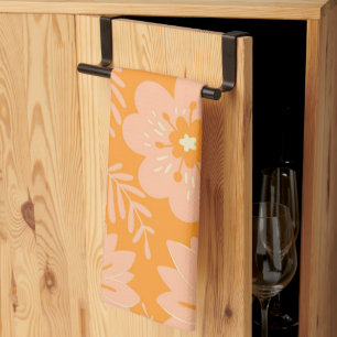 Retro Vintage Peach Fuzz Orange Flower Pattern Tea Towel
