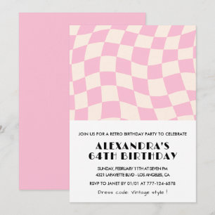 Retro Vintage Pink Chequered 64th birthday Invitation