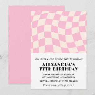 Retro Vintage Pink Chequered 77th birthday Invitation