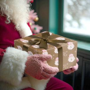 Retro Vintage Pink Christmas Santa Claus Monogram Wrapping Paper