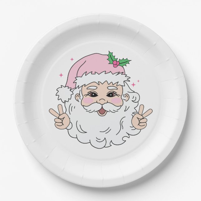 Retro Vintage Pink Christmas Santa Paper Plate (Front)