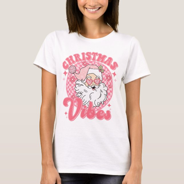 Retro Vintage Pink Christmas Vibes Festive T-Shirt (Front)