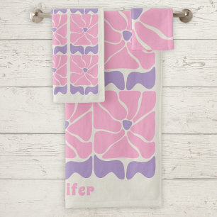 Retro vintage pink purple flower pattern  bath towel set