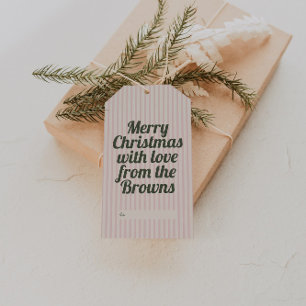 Retro Vintage Pink Stripes Green Merry Christmas Gift Tags