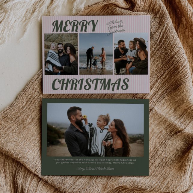 Retro Vintage Pink Stripes Photo Christmas Holiday Card (Creator Uploaded)