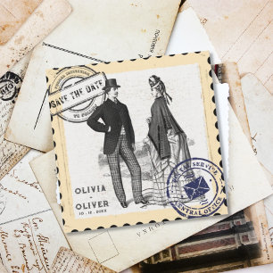 Retro vintage postage stamp wedding  save the date