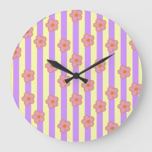 Retro Vintage Purple Stripe Flower Pattern Large Clock