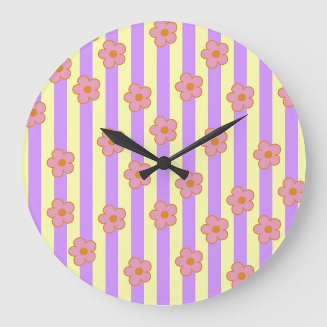 Retro Vintage Purple Stripe Flower Pattern Large Clock (Front)