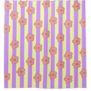 Retro Vintage Purple Stripe Flower Pattern Shower Curtain