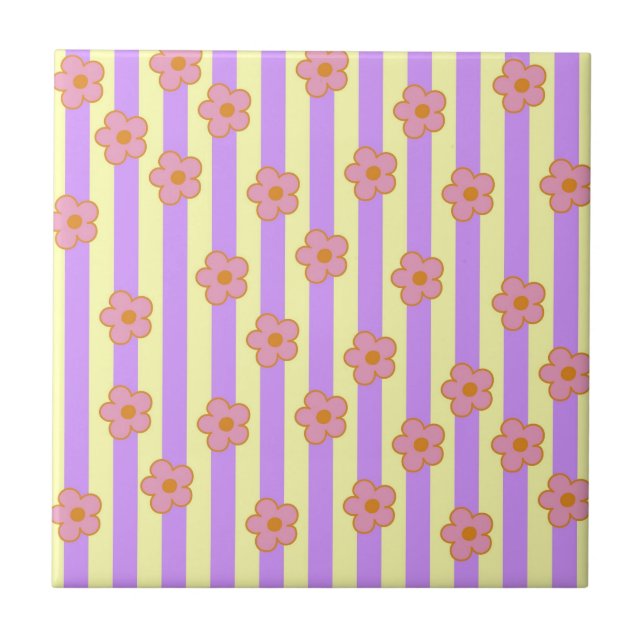 Retro Vintage Purple Stripe Flower Pattern Tile (Front)