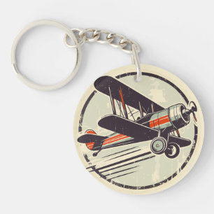 Retro Vintage Red and Green Biplane Key Ring