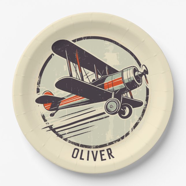 Retro Vintage Red and Green Biplane Paper Plate (Front)