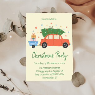 Retro Vintage Red Car Christmas Party Invitation