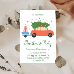 Retro Vintage Red Car Christmas Party Invitation