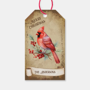 Retro Vintage Red Cardinal Bird Merry Christmas Gift Tags