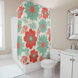 Retro Vintage Red Green Floral Shower Curtain