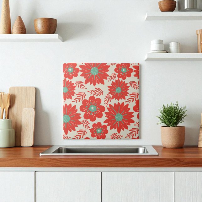 Retro Vintage Red Green Floral  Tile (Creator Uploaded)