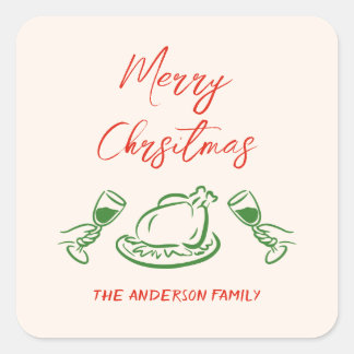 Retro Vintage Red Green Hand Drawn Merry Christmas Square Sticker
