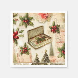 Retro Vintage Red Green Holly Christmas Holiday Napkin