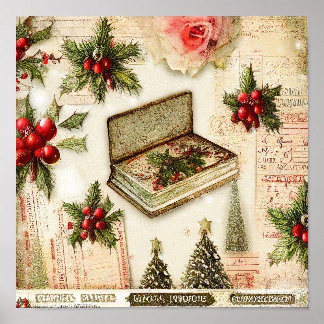 Retro Vintage Red Green Holly Christmas Holiday  Poster (Front)