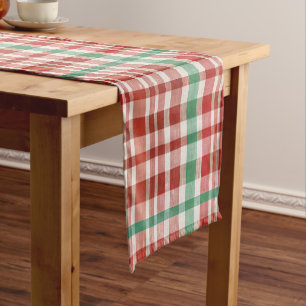 Retro Vintage Red Green Textured Plaid Short Table Runner