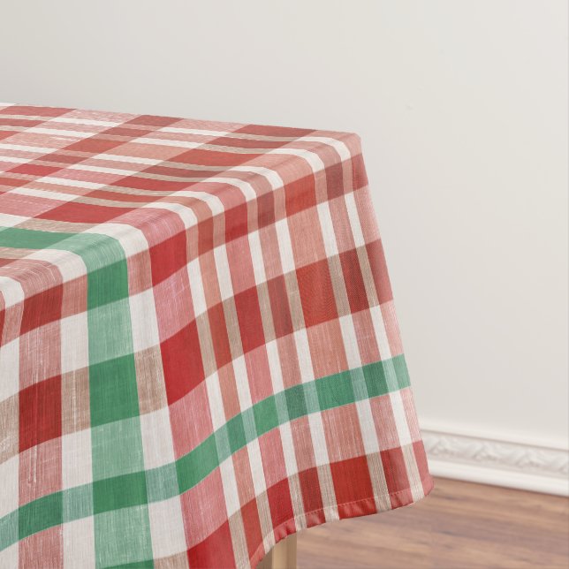 Retro Vintage Red Green Textured Plaid  Tablecloth (In Situ)
