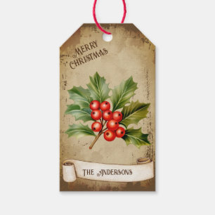 Retro Vintage Red Holly Berry Branch Christmas Gift Tags