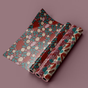 Retro Vintage Red Teal Cosy Floral Christmas Wrapping Paper Sheet