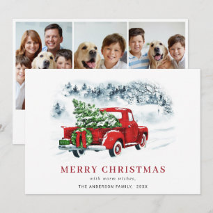 Retro Vintage Red Truck Christmas Greeting 3 PHOTO Holiday Card