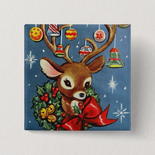 Retro Vintage reindeer Christmas Holiday button (Front)
