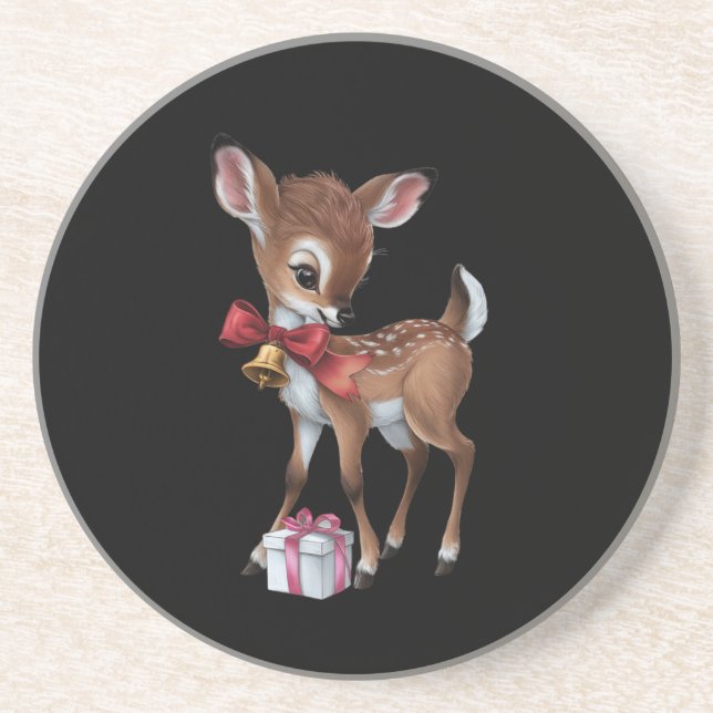 Retro Vintage Reindeer Pink Christmas Baby Deer Coaster (Front)